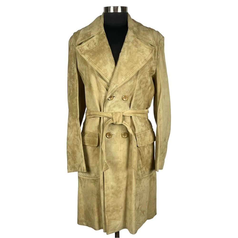 VINTAGE PORTO GALIA 70's SUEDE LEATHER TAN DOUBLE BREAST BELTED TRENCH COAT14/16